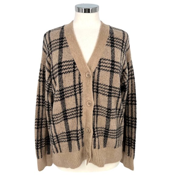 Joie Plaid Cardigan V-Neck Sweater Beige Black Size Large - Picture 1 of 9